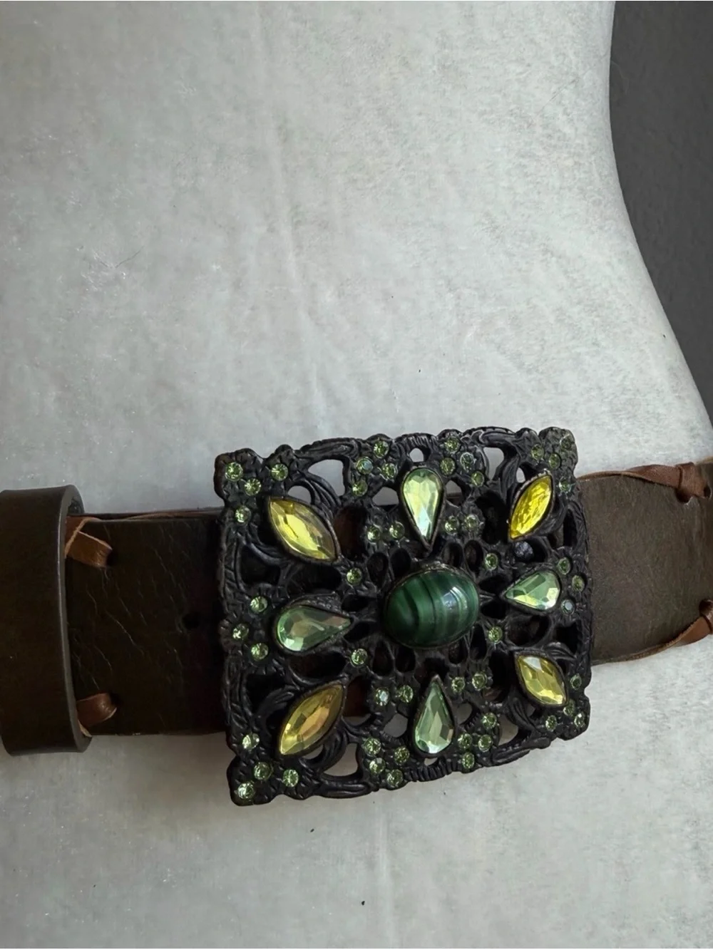Brown Wide Boho Belt Green Jeweled Statement Buckle 33-36”